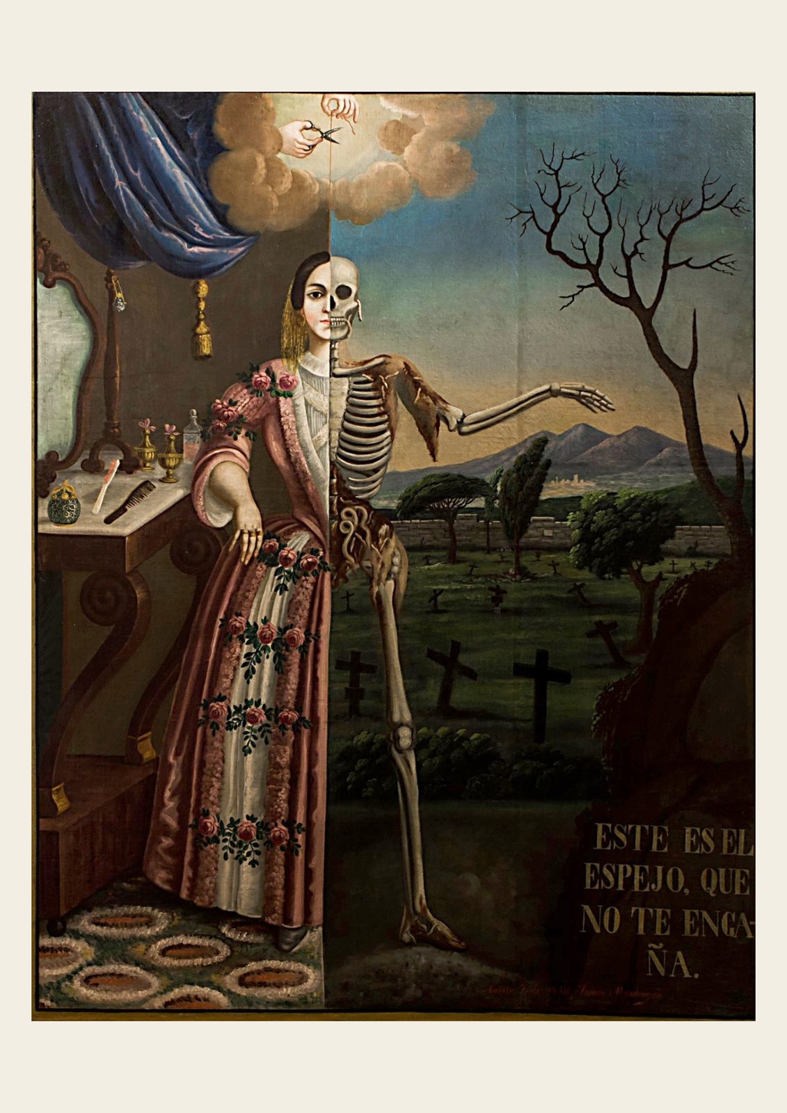 Allegory of Death by Tomás Mondragón, 1856. A figure split down the middle, half a young woman in a rose gown at her dressing table and half a skeleton in a graveyard, with the Spanish inscription 'Este es el espejo que no te engaña.'