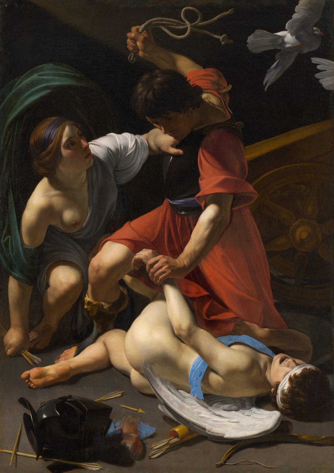 Cupid Chastised by Bartolomeo Manfredi, 1613. Mars raises his hand to punish a young Cupid while Venus tries to hold him back, lit by dramatic light against a dark background, with doves overhead.