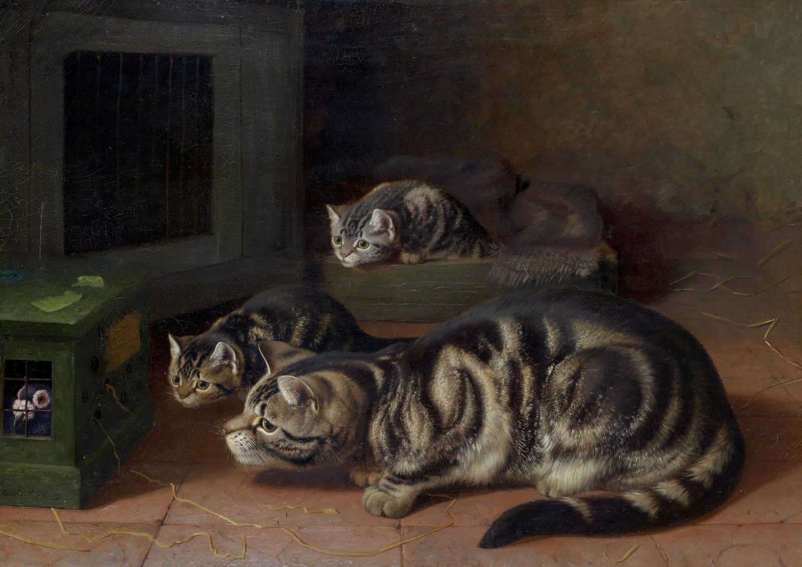 Curiosity by Horatio Henry Couldery as a framed print in a gold frame. Three tabby cats crouch on a tiled floor, staring at a small green box with a barred window.