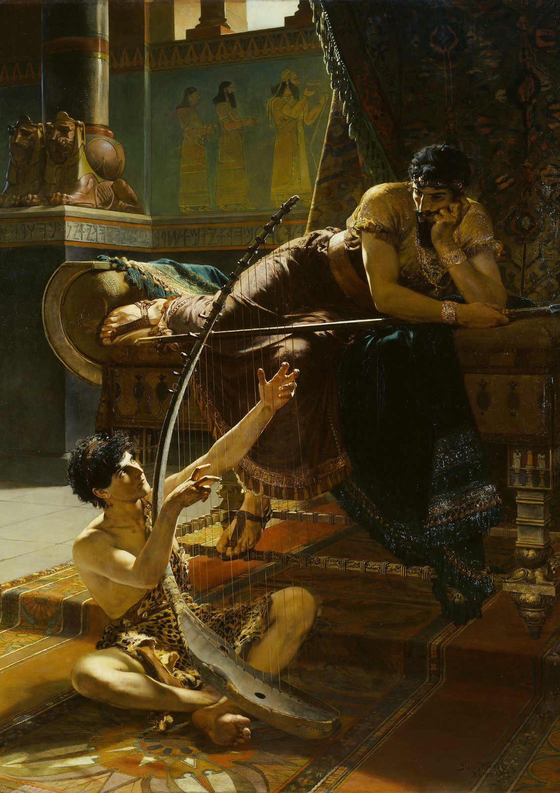 David and Saul by Julius Kronberg, 1885, in a gold frame. King Saul in a gold tunic leans on a couch with his head on his hand, while the young David sits on a patterned carpet below playing a large harp, in a palace hung with tapestries and Assyrian reliefs.