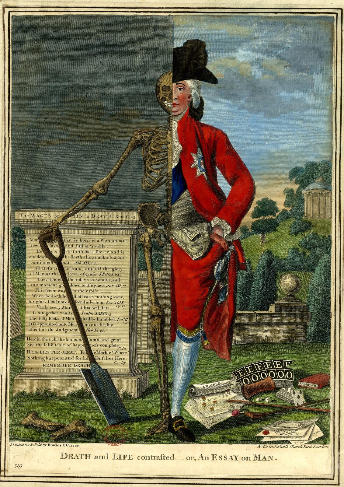 Death and Life Contrasted after Robert Dighton, about 1784 to 1793. A figure split down the middle, half a gentleman in a red coat and black hat and half a skeleton leaning on a spade, stands before a stone tablet in a park, with cards and papers at his feet.