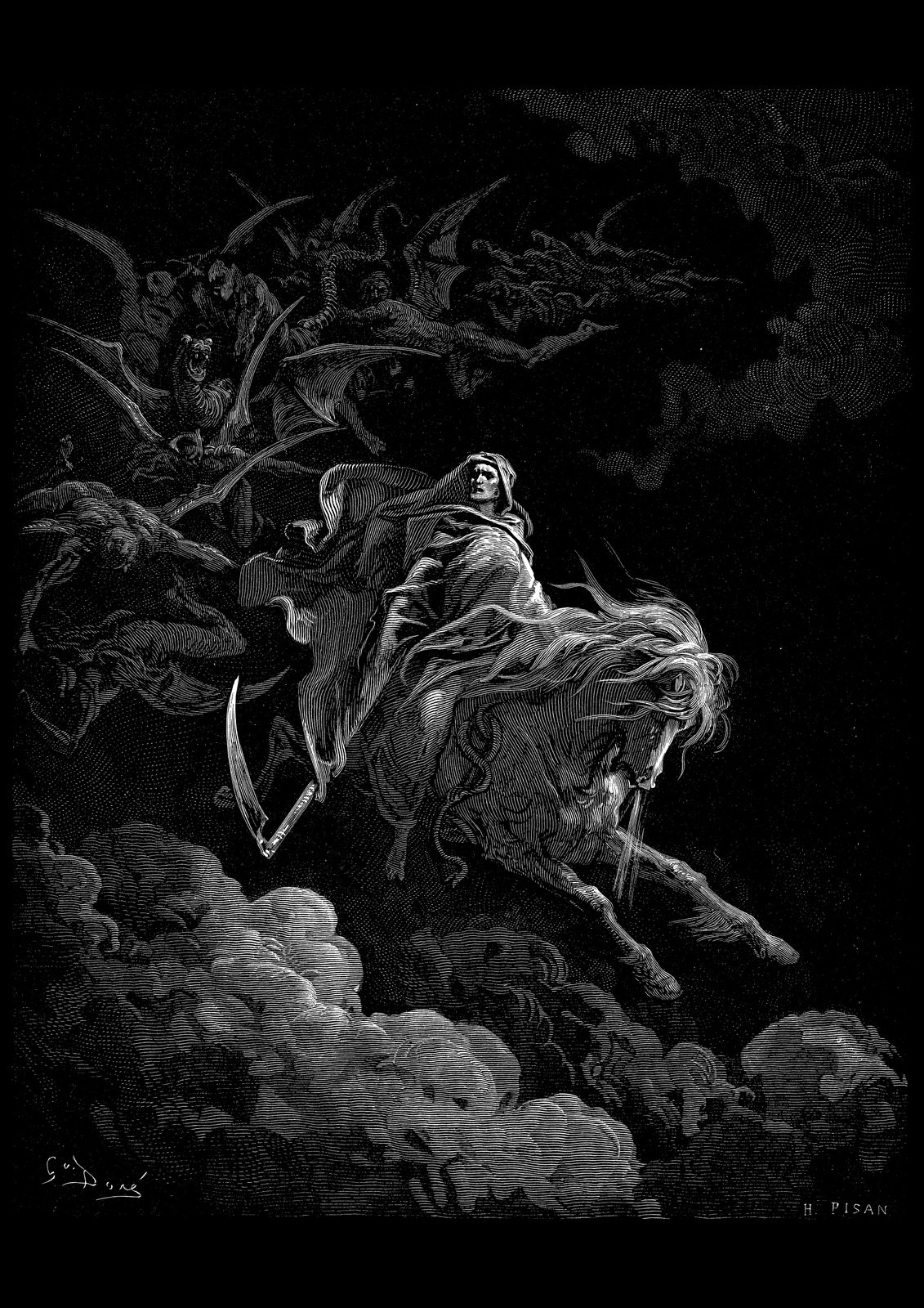 Death on the Pale Horse by Gustave Doré, 1866. A black and white engraving of hooded Death with a scythe riding a pale galloping horse through the night sky, followed by winged demons above rolling clouds.