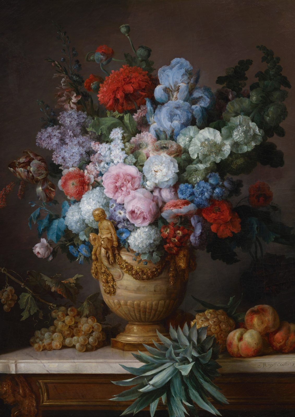 Still Life with Flowers in an Alabaster Vase and Fruit by Anne Vallayer-Coster, 1783. A bouquet of flowers in a carved alabaster vase stands beside a pineapple and fruit on a stone ledge.