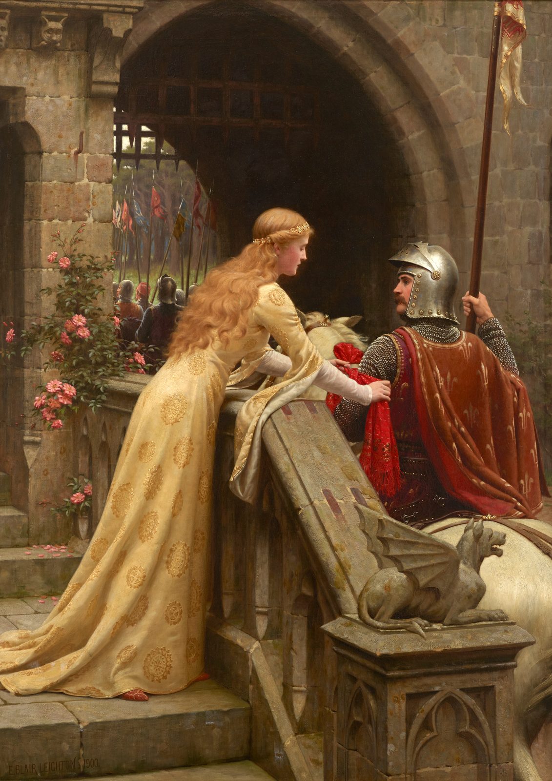 God Speed by Edmund Blair Leighton, 1900. A woman with long golden hair in a gold gown leans from a stone stair with pink roses to tie a red sash to the arm of a mounted knight in a helmet and chain mail.