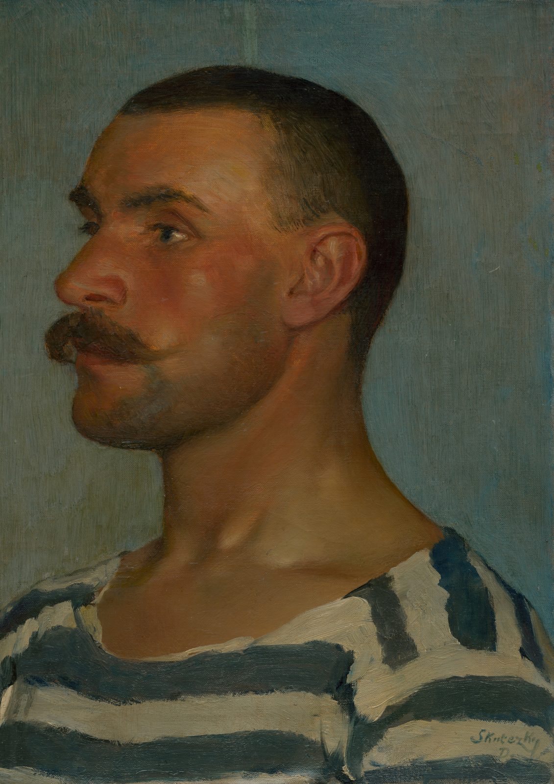 Head Study of a Gondolier by Dominik Skutecký, 1903. A man with close-cropped dark hair and a thick moustache in left-facing profile, wearing a blue and white striped shirt, against a blue-grey background, signed lower right.