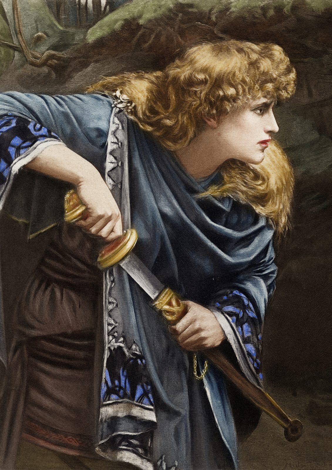 Imogen by Herbert Gustave Schmalz, 1888. A young woman with golden curls and a blue cloak grips a sword hilt and scabbard and looks back over her shoulder against dark rocks.