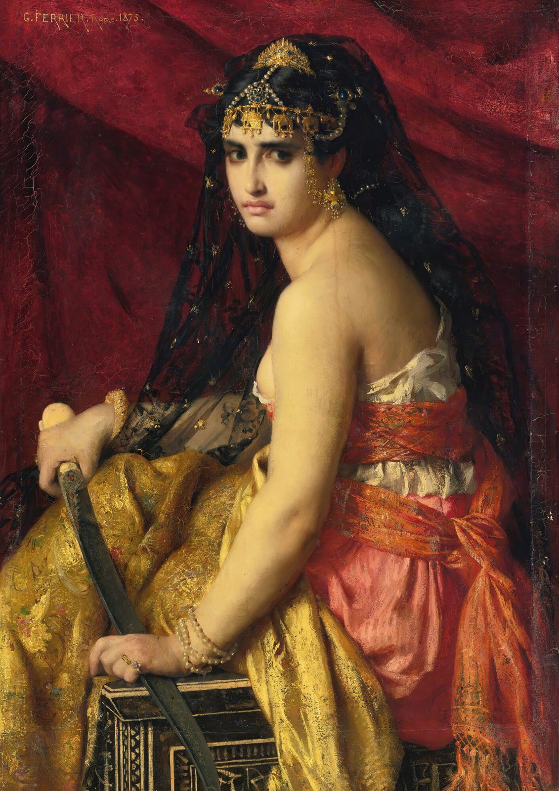 Judith by Gabriel Ferrier, 1875. A dark-haired woman in a gold diadem, black veil and red and gold silks sits with a sword across her lap, one shoulder bare, against a crimson curtain.
