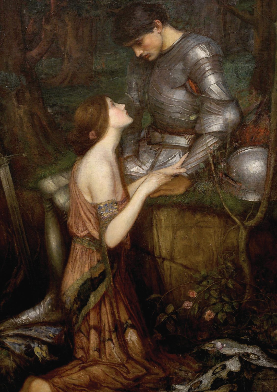 Lamia by John William Waterhouse, 1905. A woman with a snakeskin draped around her kneels before a knight in armour in a woodland clearing.