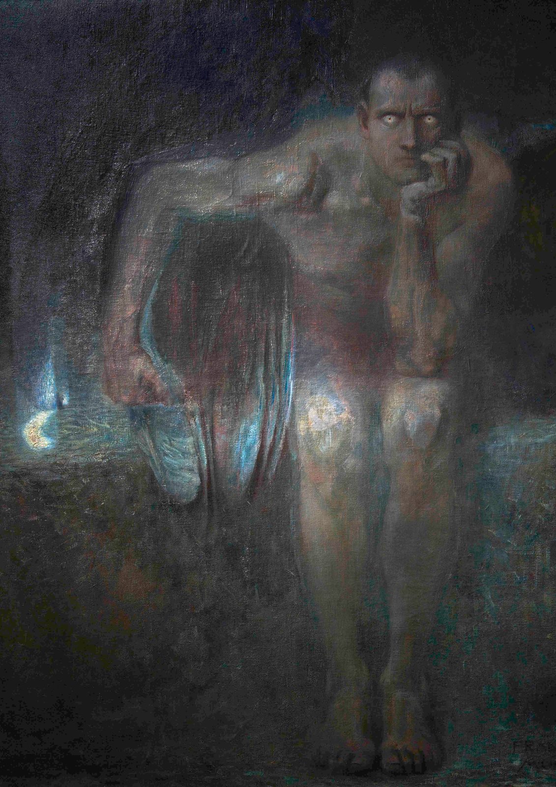 Lucifer by Franz von Stuck, 1890. A dark, muscular figure sits hunched in deep shadow, chin resting on his fist, his pale eyes glowing out of the darkness.