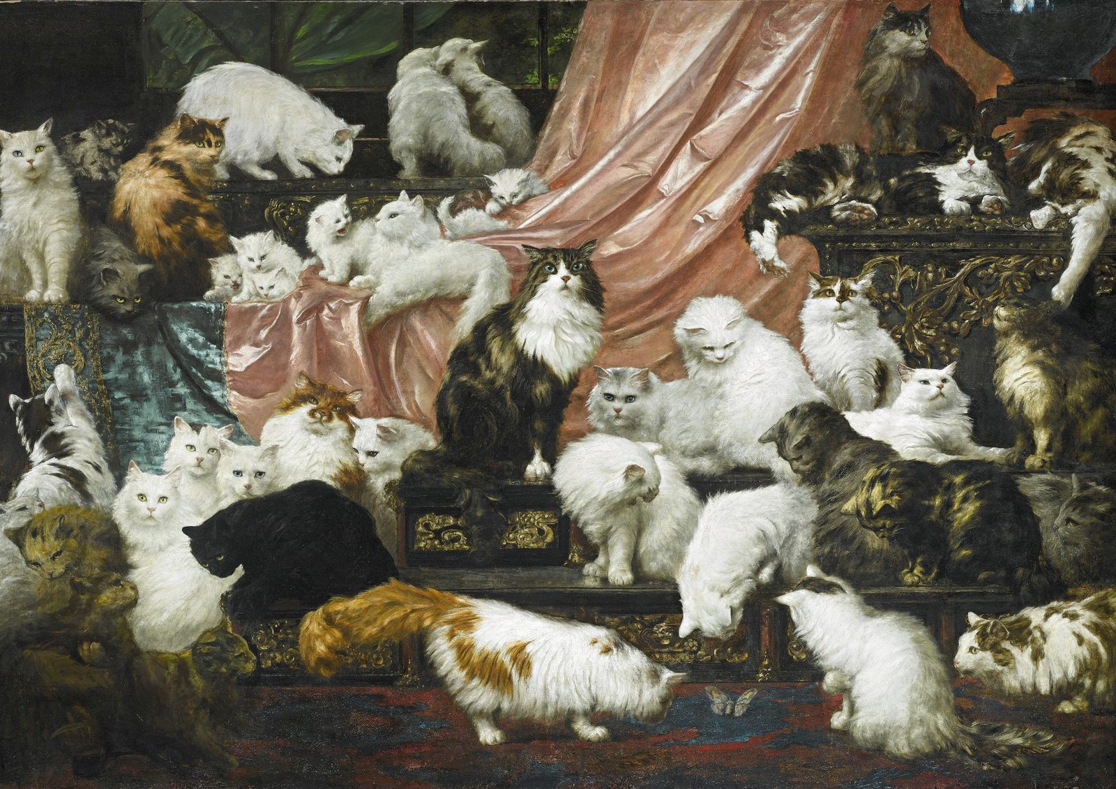 My Wife's Lovers by Carl Kahler, 1891. Dozens of long-haired white, grey, tabby and ginger cats lounge across rose silk drapery, cushions and a carved dark chest above a patterned rug.