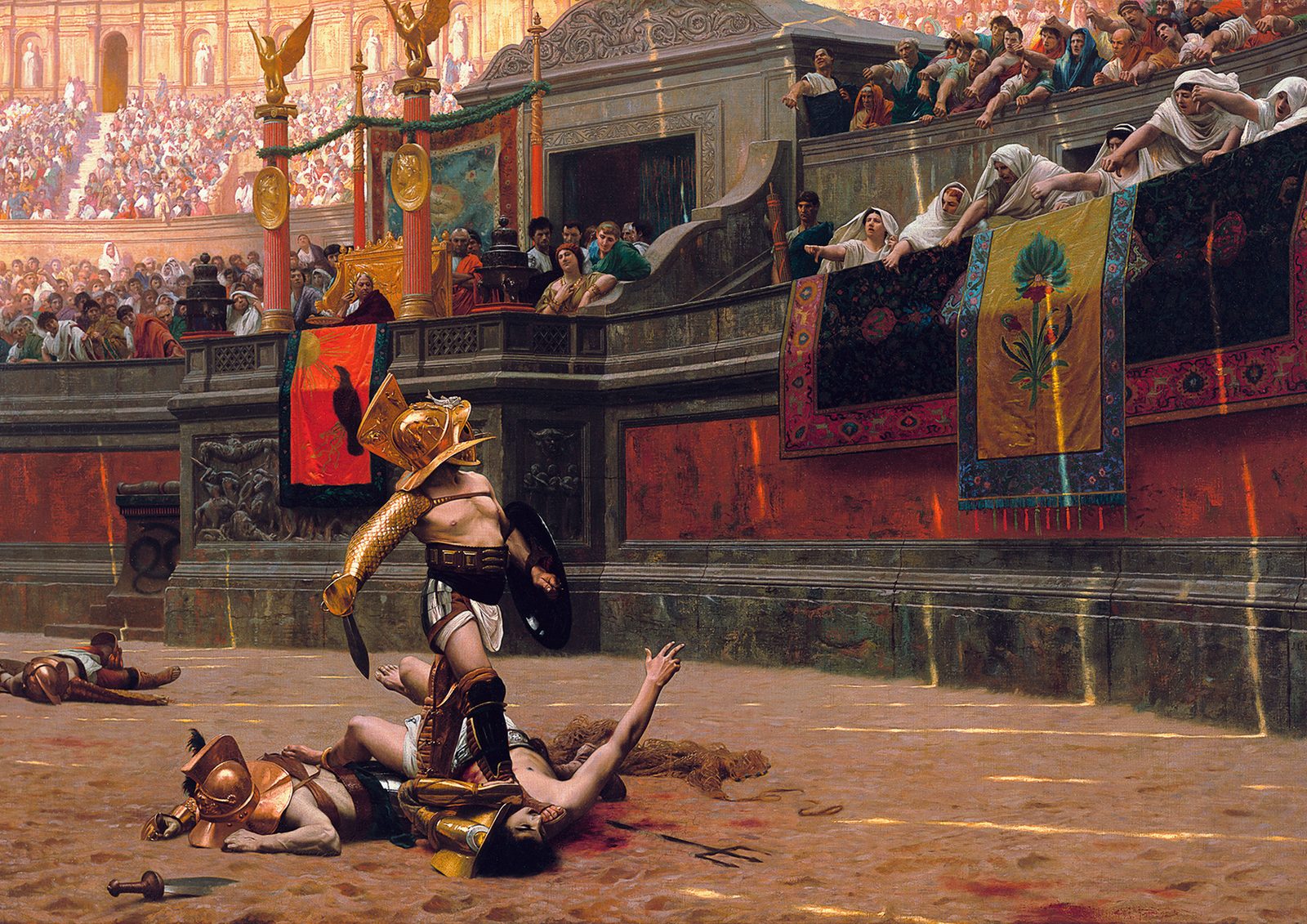 Pollice Verso by Jean-Léon Gérôme, 1872, as a framed print in a gold frame. A gladiator in a gold crested helmet stands over his fallen opponent in a sunlit arena, while women in white in the front row turn their thumbs down.
