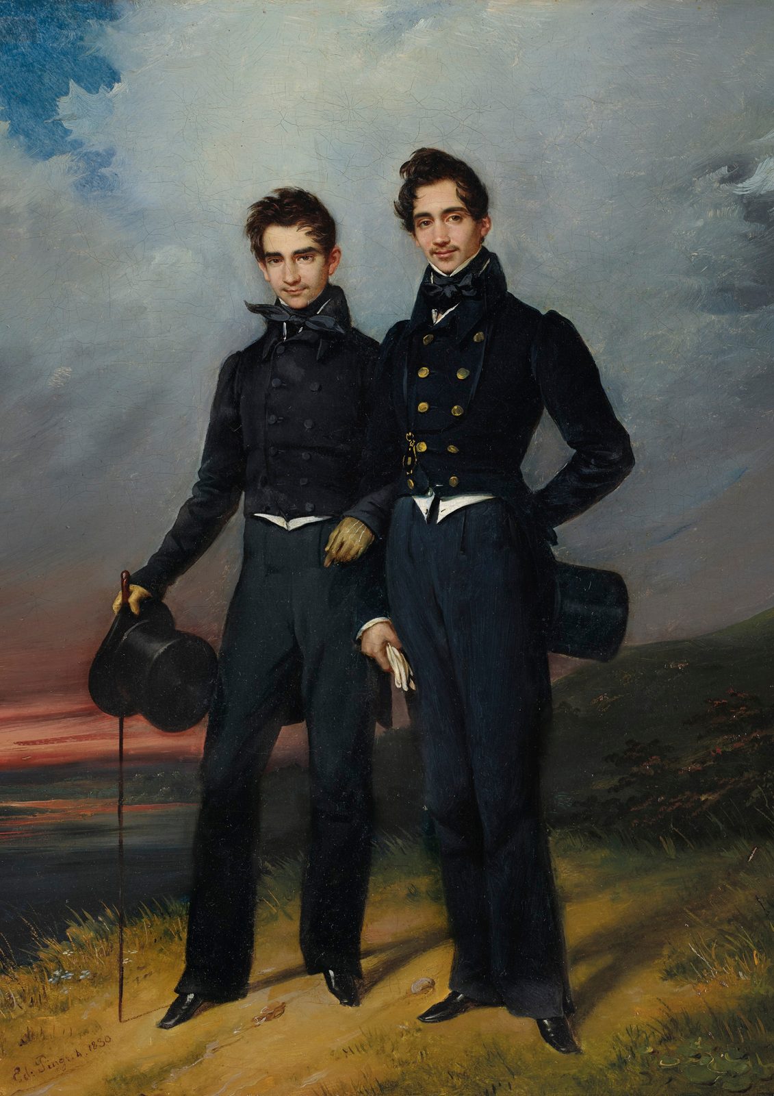 Portrait of Two Young Men by Édouard Pingret, 1830, in a gold frame. Two young men in dark double-breasted coats and silk cravats stand on a grassy hilltop under a stormy sky with a sunset glow, one holding a top hat and cane.