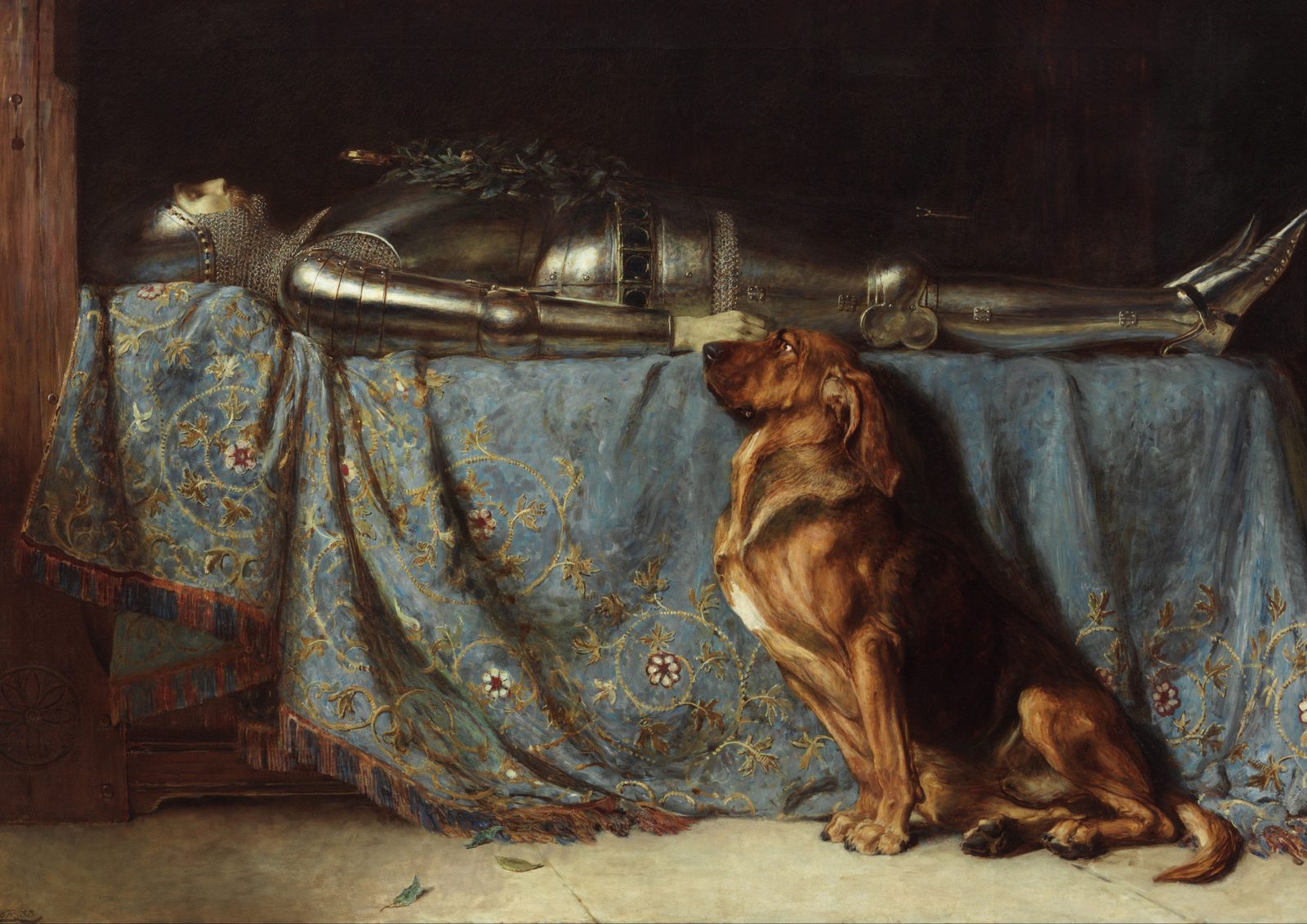 Requiescat by Briton Riviere, 1888. A knight in armour lies on a bier with folded hands while a red-brown bloodhound stands beside him, looking at his face.