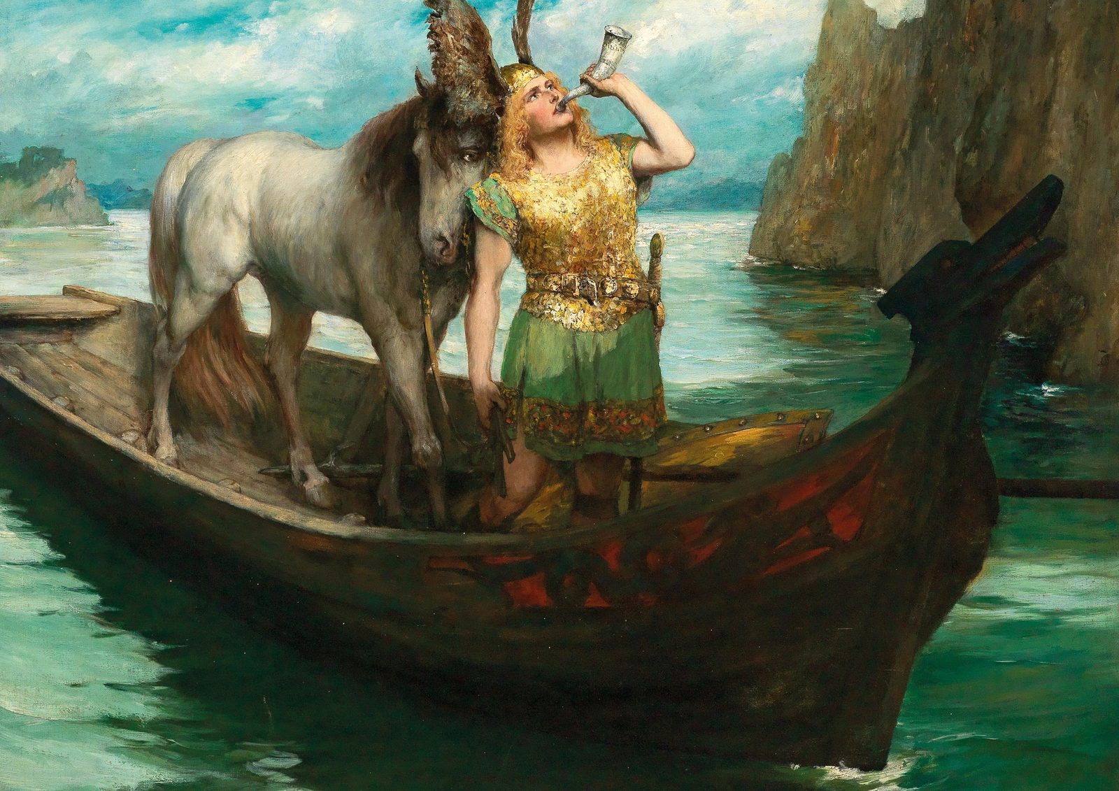 Siegfried's Rhine Journey by Ferdinand Leeke, 1908, as a framed print in a gold frame. Siegfried in a winged helmet and gold armour blows a horn in a dragon-prowed boat beside a white horse, on green water below grey cliffs.