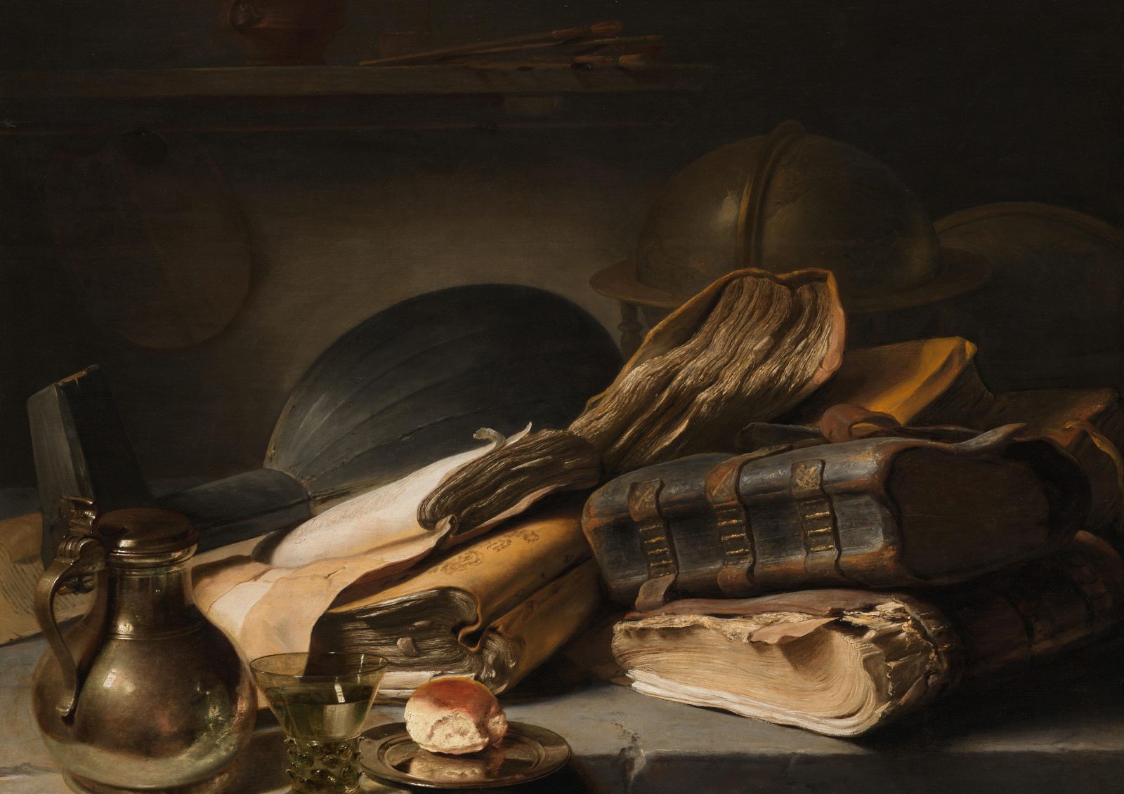 Still Life with Books by Jan Lievens, around 1627. A pile of worn, curled and battered books lies stacked on a table against a dark background.