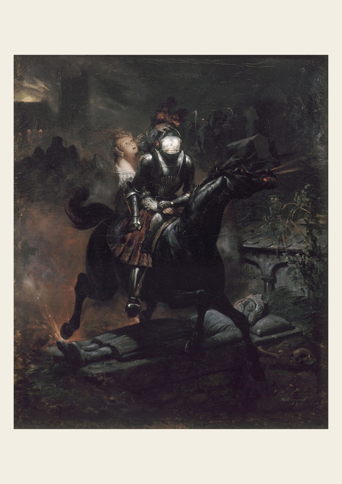 The Ballad of Lenore by Horace Vernet, 1839, as a framed print in a black frame on a cream wall. A skull-faced knight in armour gallops a black horse through a graveyard at night, a young woman in a white blouse clinging behind him, shown with a warm off-white border.