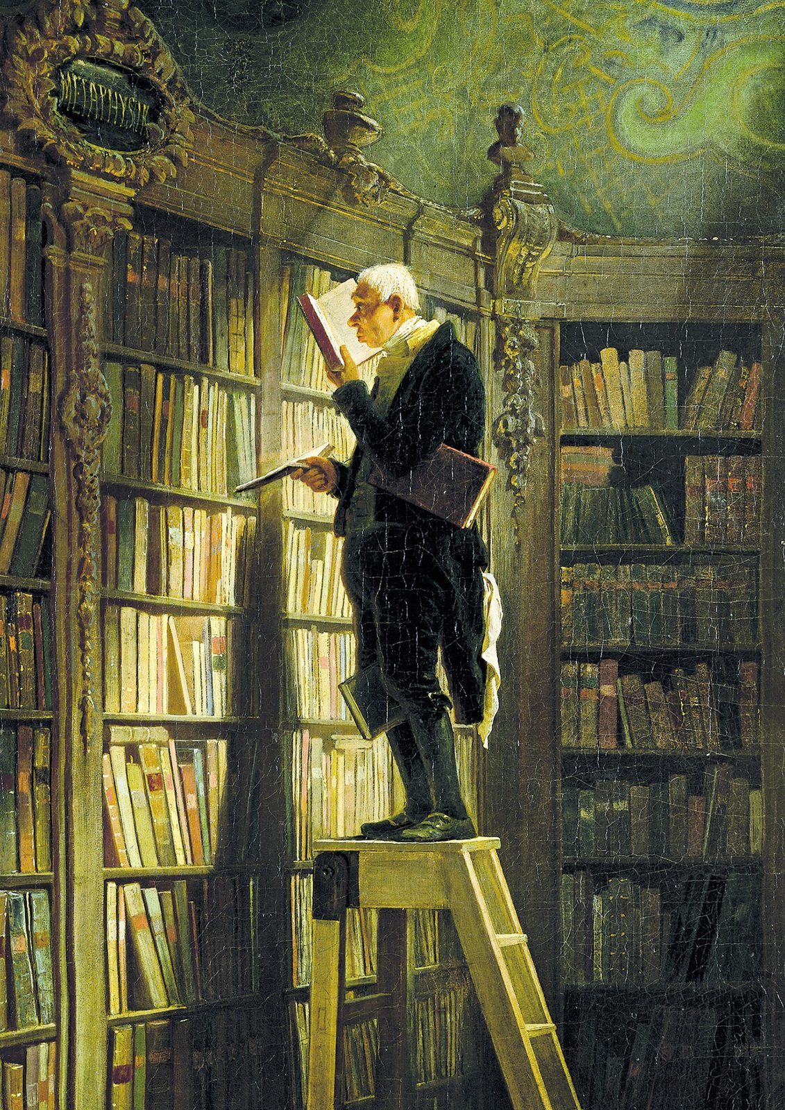 The Bookworm by Carl Spitzweg, c. 1850. An elderly scholar in a black tailcoat stands on a wooden library ladder, reading a book held close to his face, with a red book under his arm and another between his knees, below a gilded Metaphysik plaque and a green painted ceiling.