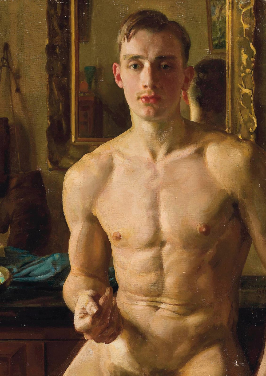 The Boxer by Konstantin Somov, 1933. A male figure study of the boxer Boris Snezhkovsky set against a dark, muted background.