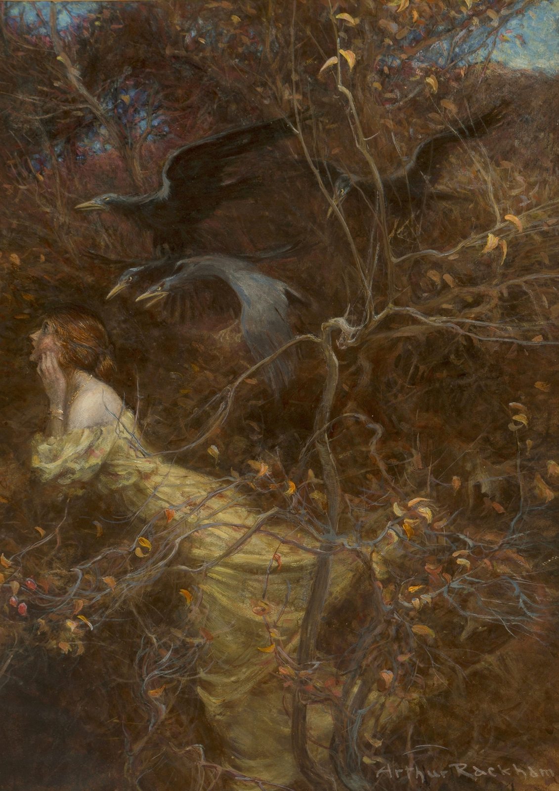 The Haunted Wood by Arthur Rackham, 1913. A copper-haired woman in a pale gown crouches among twisting autumn branches while two large birds fly through the trees above her.