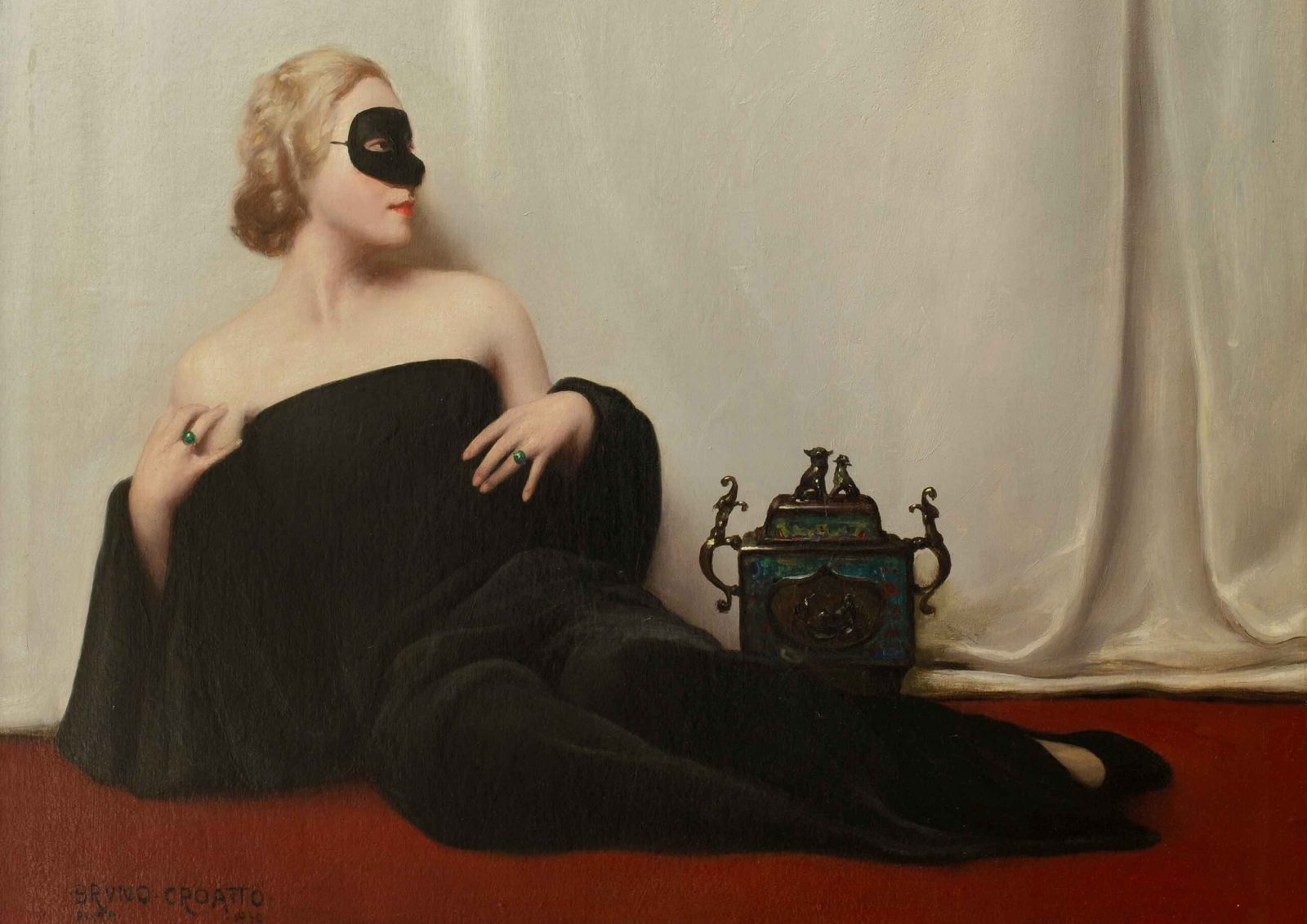 The Mask by Bruno Croatto. A pale blonde woman in a black wrap and a black eye mask reclines on a red floor beside a gilded cloisonne incense burner, against a white silk curtain.