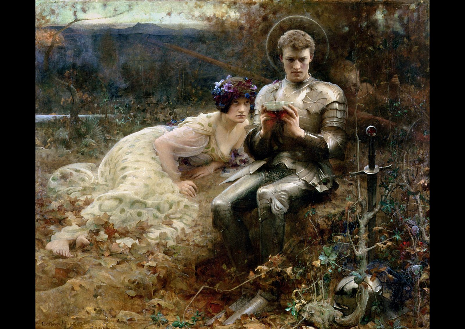 The Temptation of Sir Percival by Arthur Hacker, 1894, in a gold frame. A young knight in silver armour with a faint halo sits in an autumn wood holding a cup of red wine, a woman in a cream gown with violets in her hair leans close, and his sword stands beside him with a red cross in the pommel.