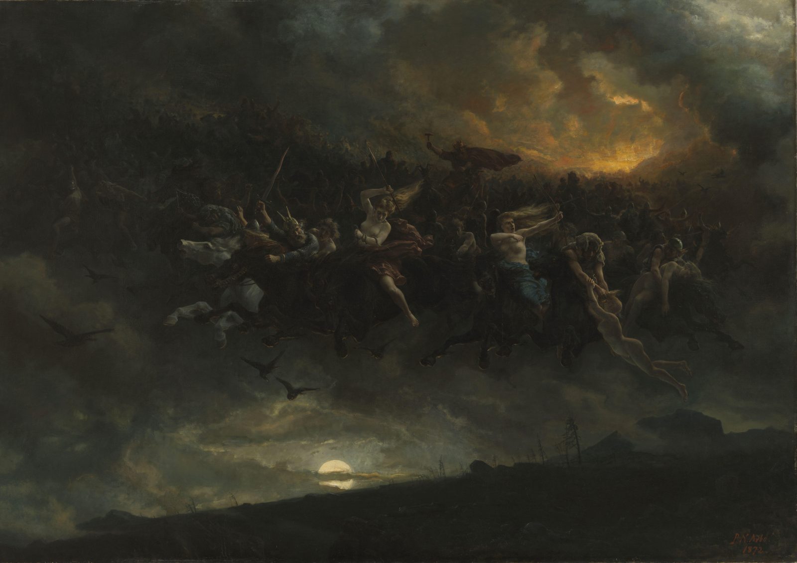 The Wild Hunt of Odin by Peter Nicolai Arbo, 1872, as a framed print in a gold frame. A host of ghostly riders on dark horses charges across a stormy night sky, with ravens below and a pale moon low over the hills.