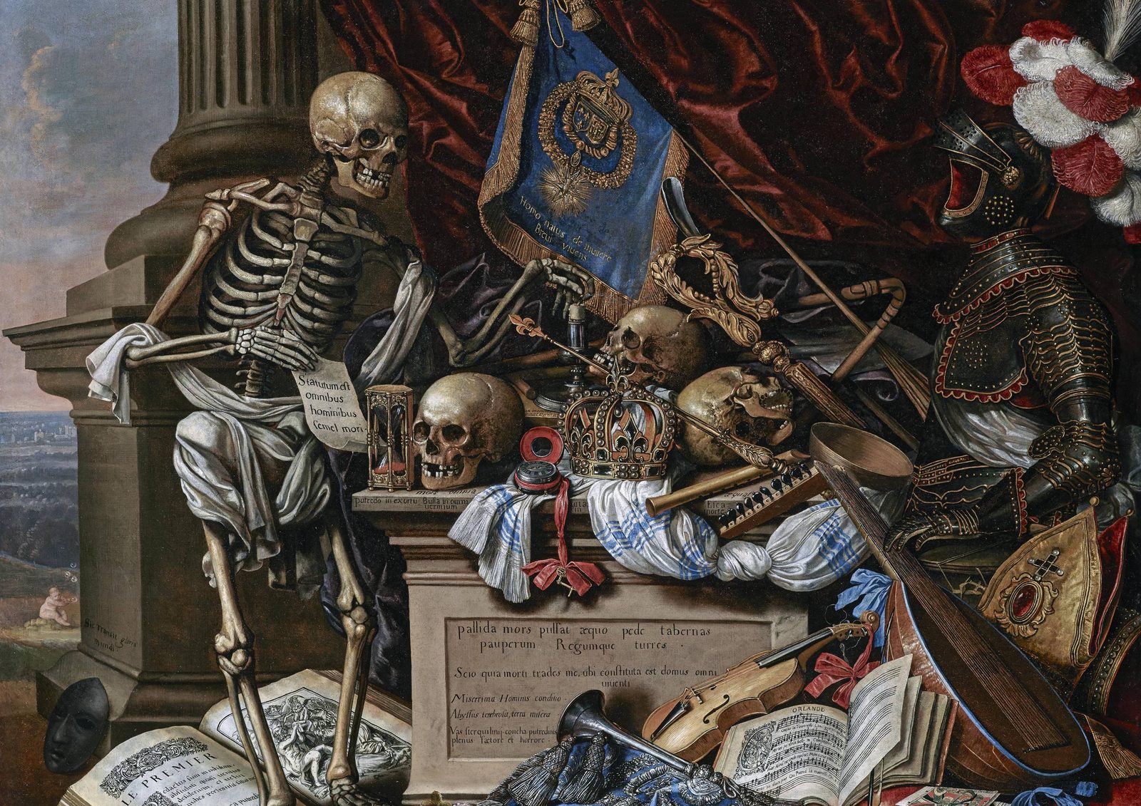 Vanitas Still Life with a Skeleton by Carstian Luyckx as a framed print in a gold frame. A seated skeleton holding a sheet of parchment leans on a stone pedestal crowded with skulls, a crown, an hourglass, a lute, a violin, books, a blue banner and a suit of armour under red velvet drapery.
