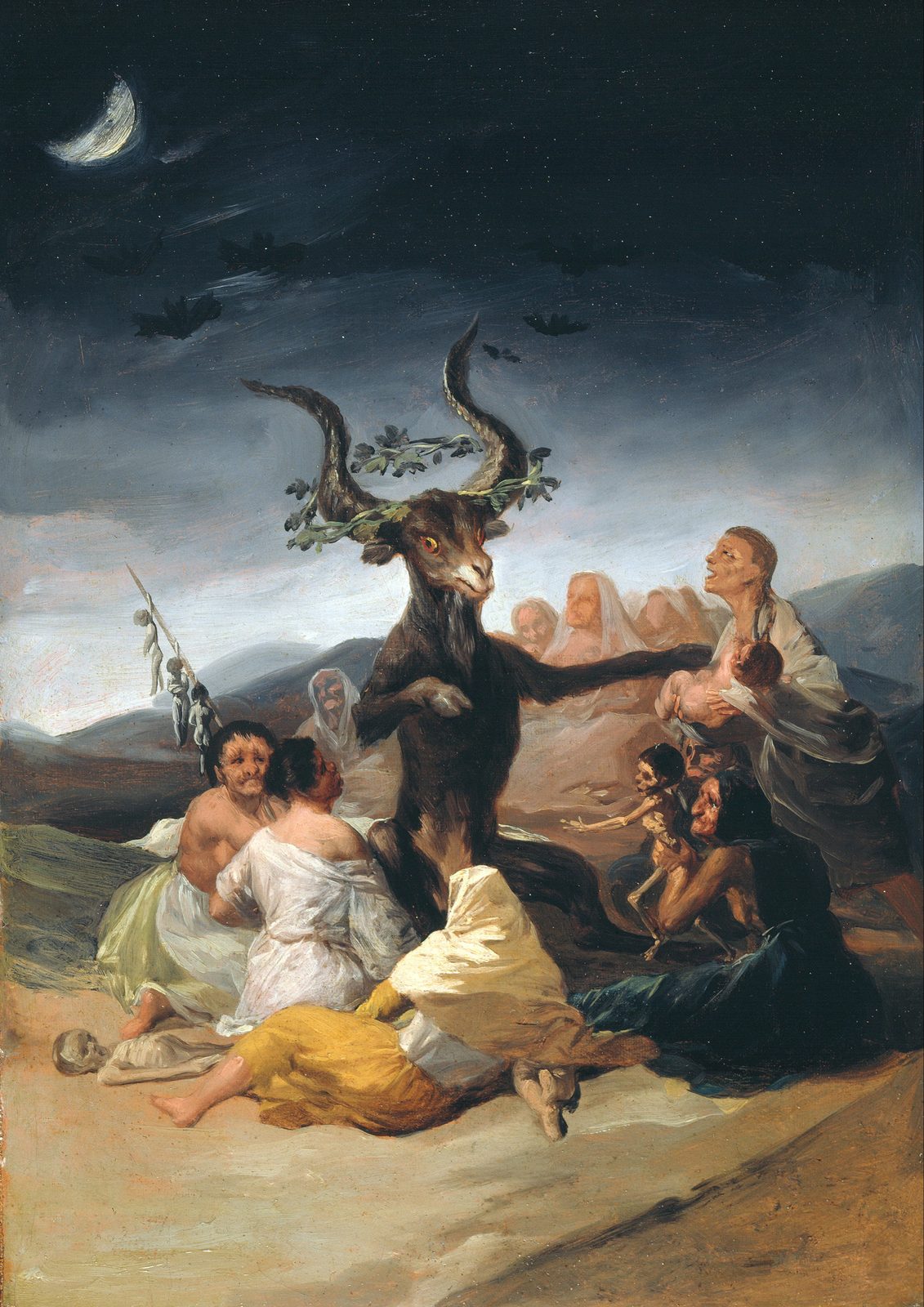 Witches' Sabbath by Francisco de Goya, 1798. A horned goat crowned with oak leaves stands under a crescent moon and flying bats, surrounded by a circle of witches in pale robes holding out children.