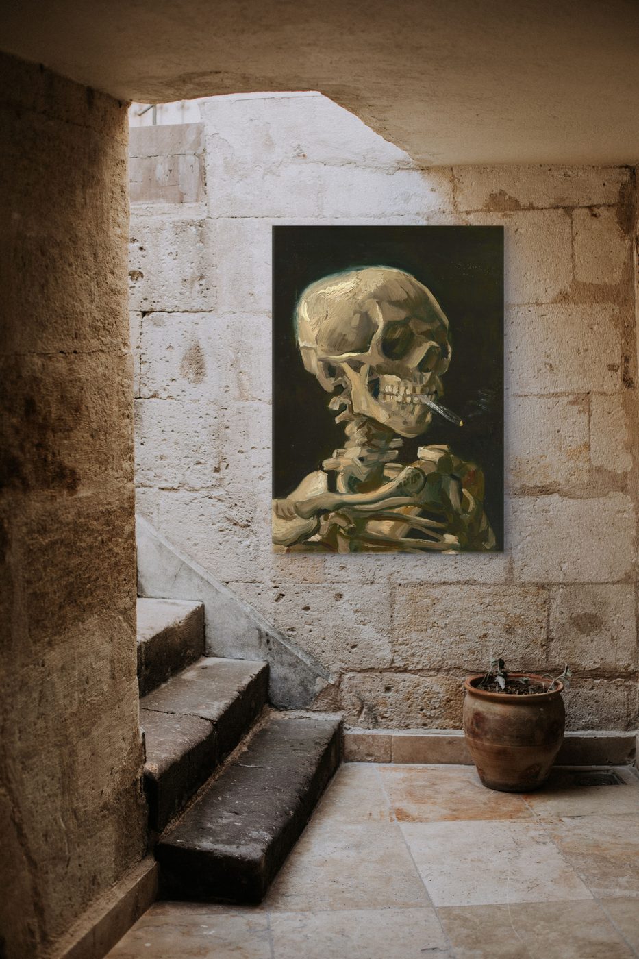 Head of a Skeleton with a Burning Cigarette by Vincent van Gogh as a framed print in a room