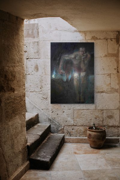 Lucifer by Franz von Stuck as a framed print in a hallway