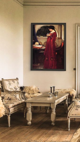 The Crystal Ball by John William Waterhouse as a framed print in a living room