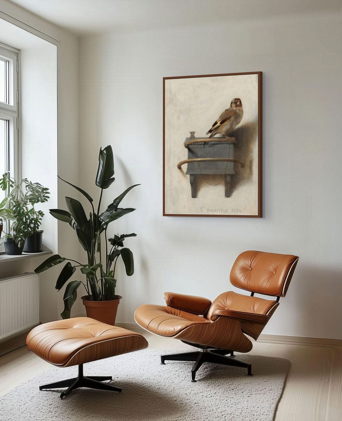 The Goldfinch by Carel Fabritius as a framed print in a living room