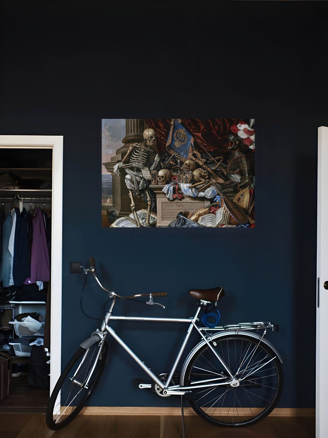 Vanitas Still Life with a Skeleton by Carstian Luyckx as a framed print in a room