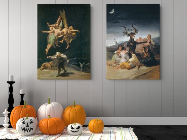 Witches' Flight by Francisco de Goya as a framed print in a hallway